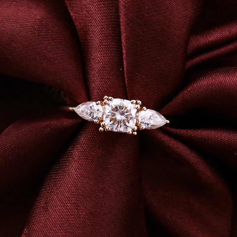 10K-18K , Cushion Moissanite Three-Stone Style Unique Ring