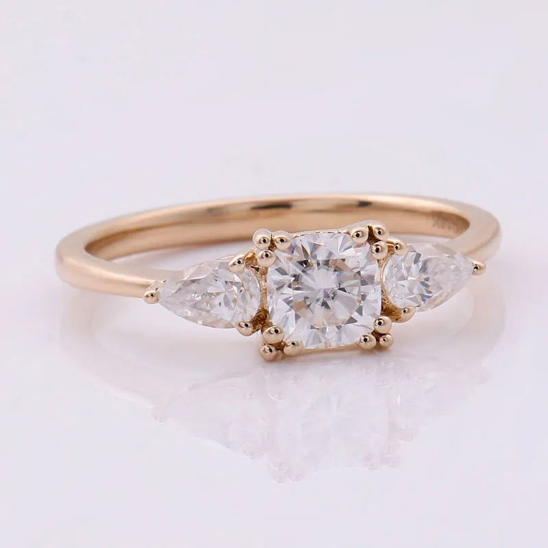 10K-18K , Cushion Moissanite Three-Stone Style Unique Ring