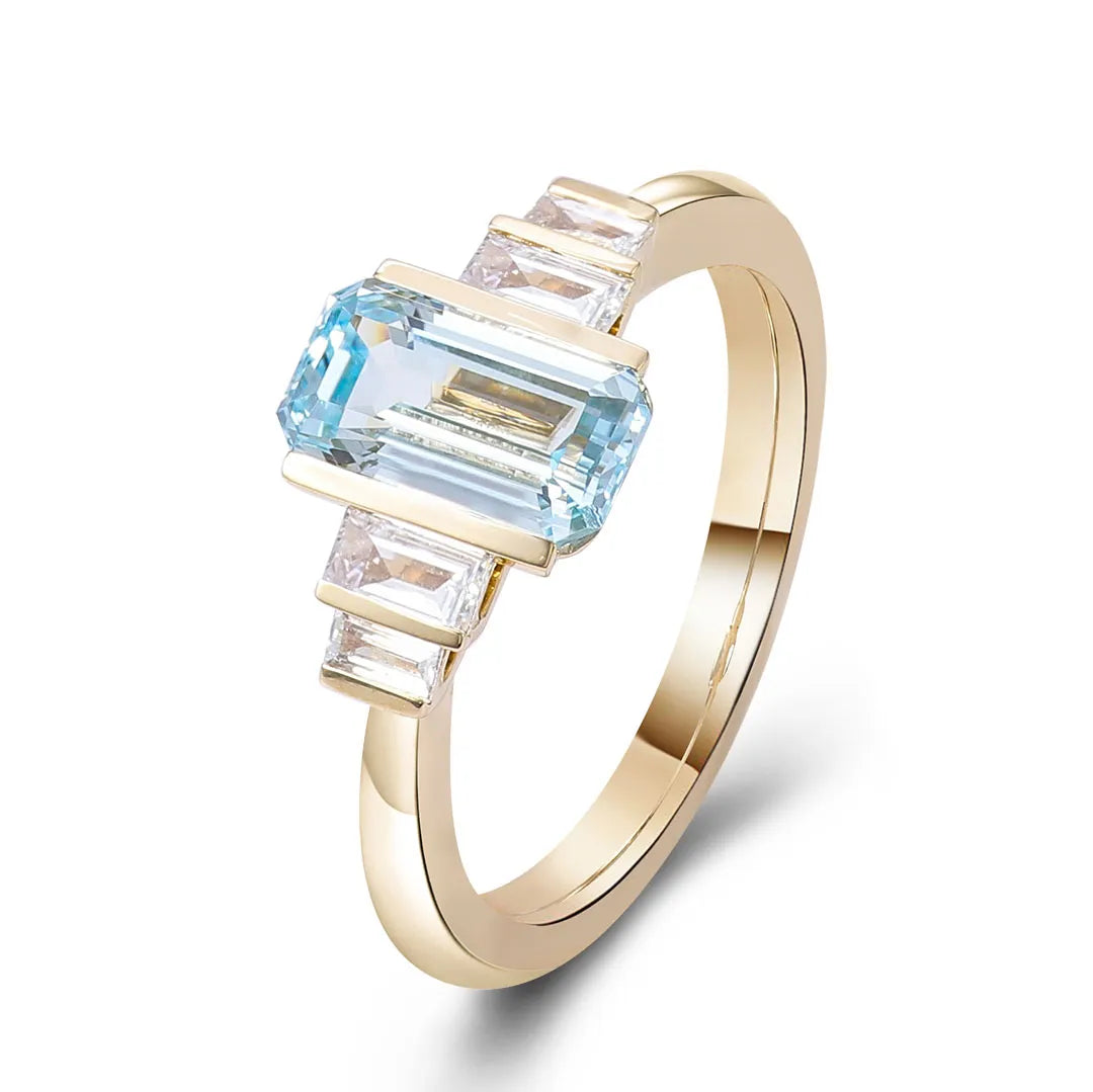 10K-18K , Emerald Cut Aquamarine And Moissanite Ring