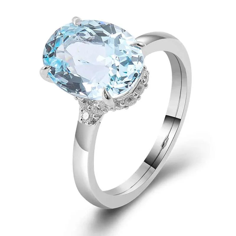 10K-18K , Captivating Aquamarine Oval Moissanite Engagement Ring With Hidden Halo