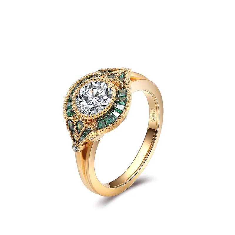 10K-18K , Exquisite Round Diamond Ring With Green Accents And Filigree Design engagement ring