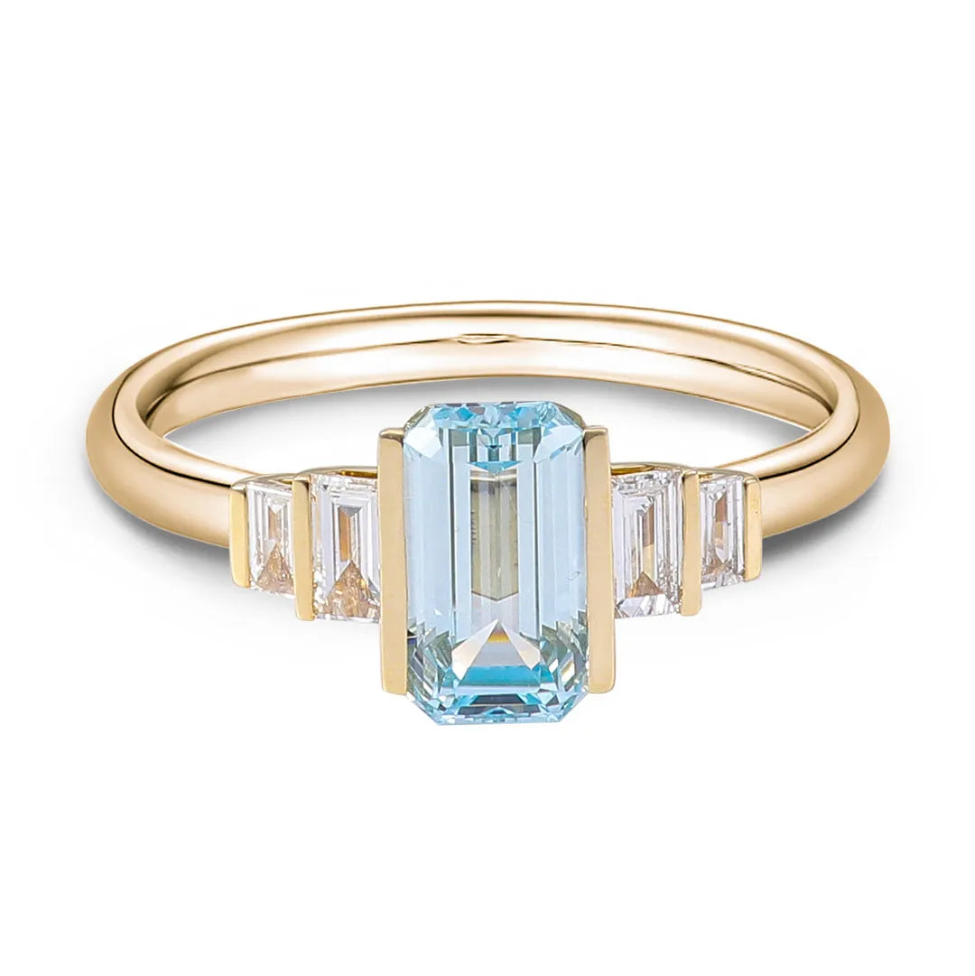 10K-18K , Emerald Cut Aquamarine And Moissanite Ring