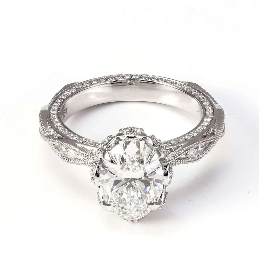 10K-18K , Moissanite Vintage-Inspired Oval Cut Diamond Ring With Intricate Filigree Design