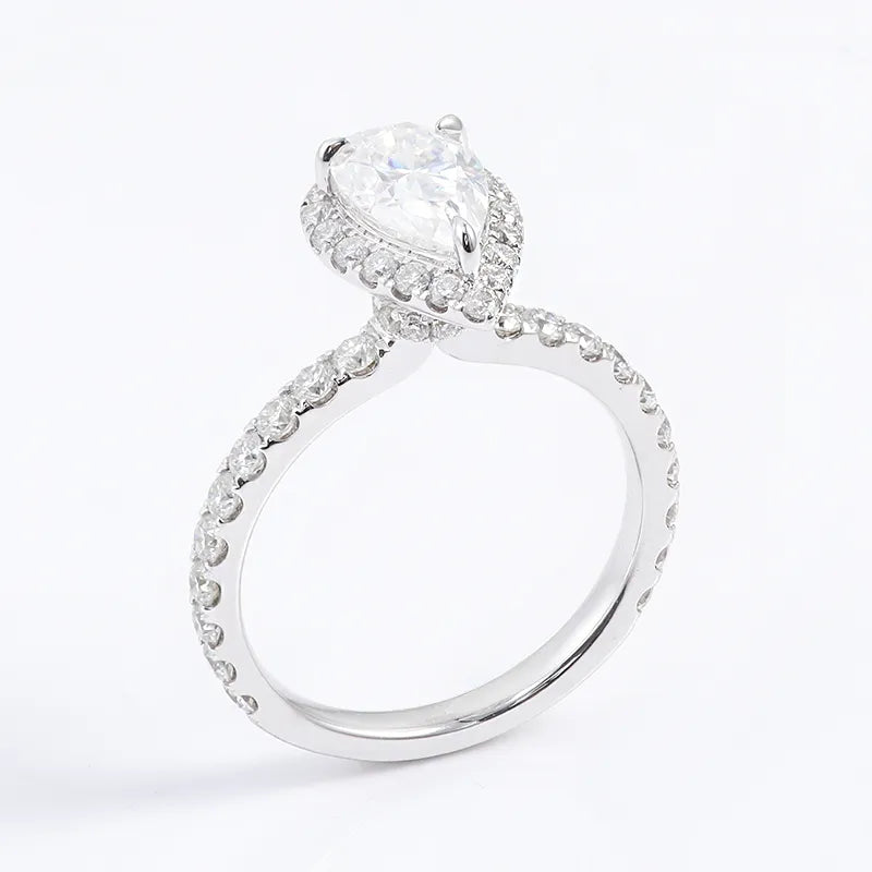 10K-18K , Pear Moissanite With Halo Pave-Setting Band Engagement Ring