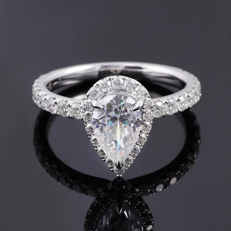 10K-18K , Pear Moissanite With Halo Pave-Setting Band Engagement Ring