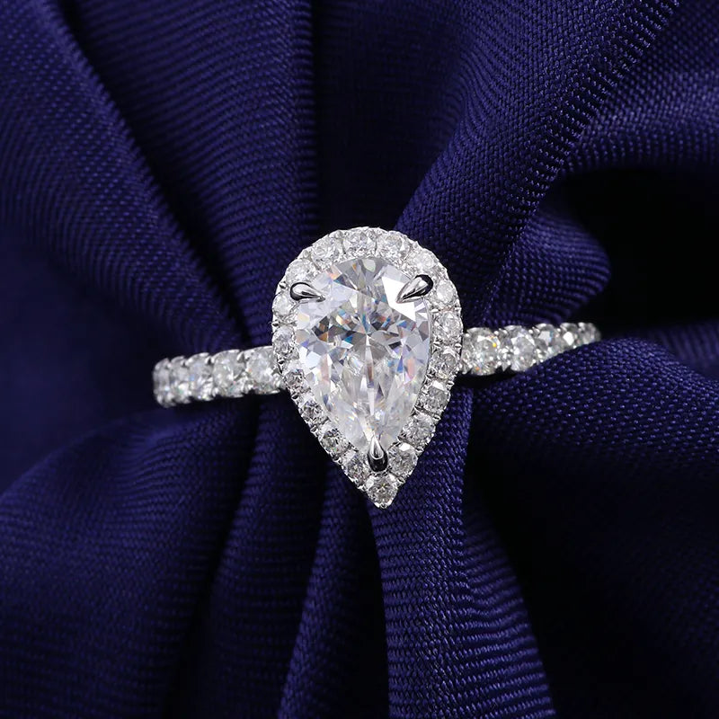 10K-18K , Pear Moissanite With Halo Pave-Setting Band Engagement Ring