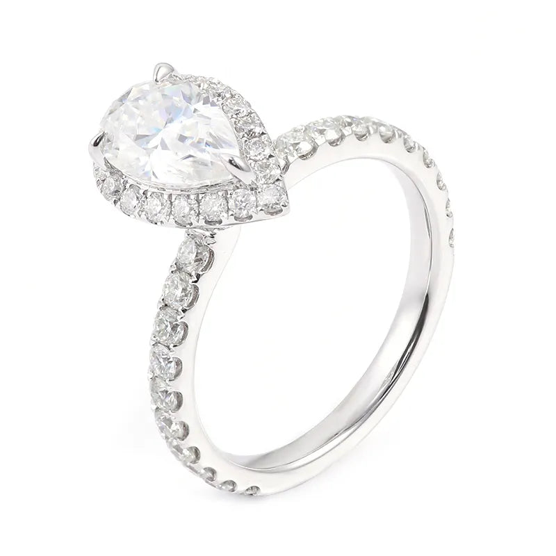 10K-18K , Pear Moissanite With Halo Pave-Setting Band Engagement Ring