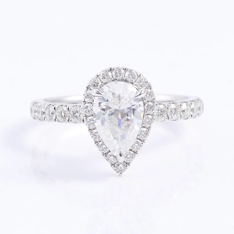 10K-18K , Pear Moissanite With Halo Pave-Setting Band Engagement Ring