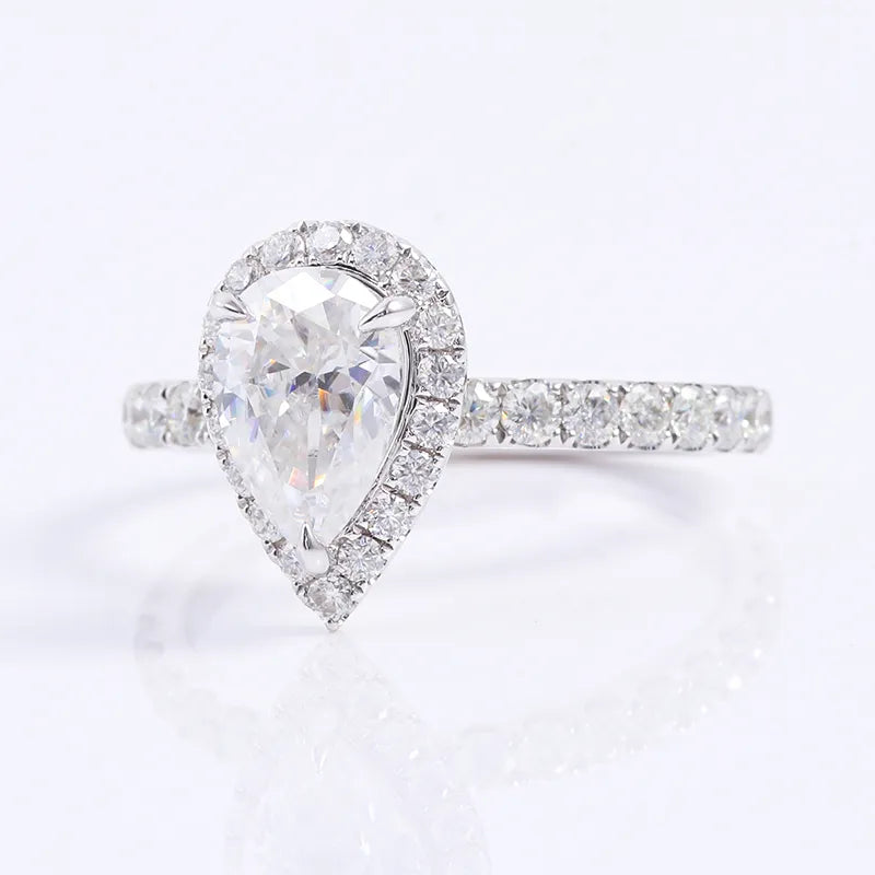 10K-18K , Pear Moissanite With Halo Pave-Setting Band Engagement Ring