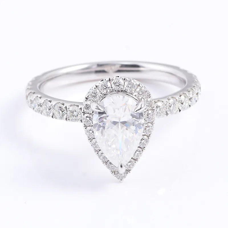 10K-18K , Pear Moissanite With Halo Pave-Setting Band Engagement Ring