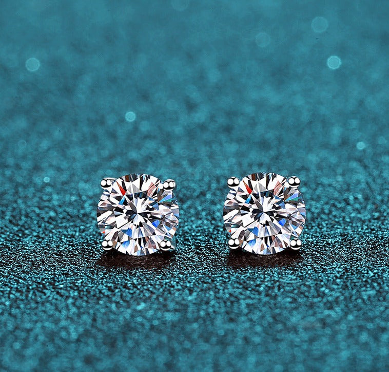 MOISSANITE CLASSIC STUD EARRINGS- Platinum Plated  - Round Cut