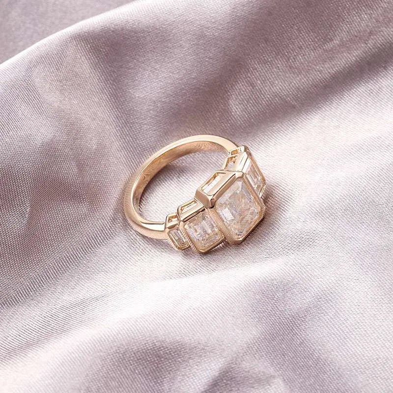 10K-18K , 5 Stone Emerald Cut Bezel Set Engagement Ring