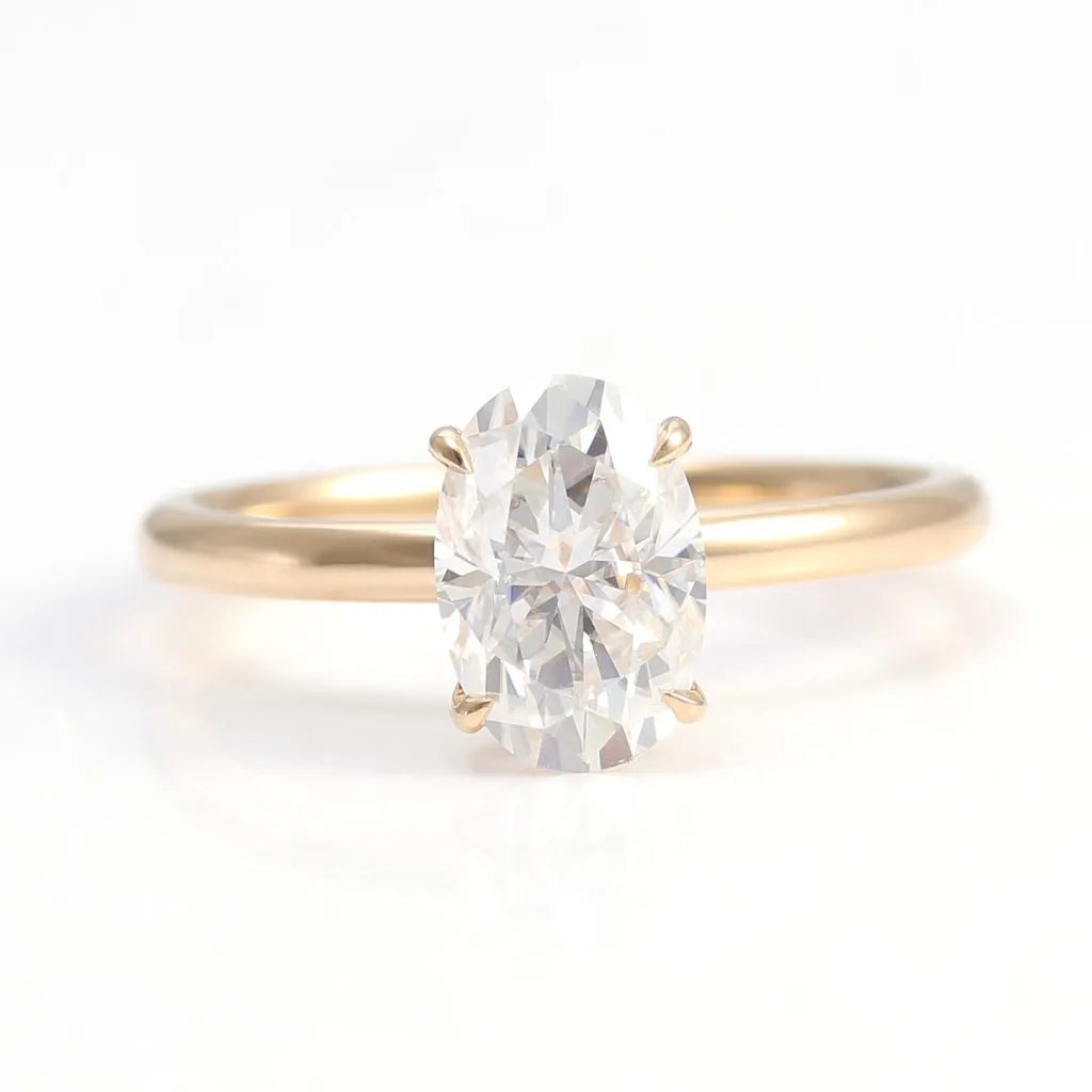 10K-18K , Classic 4 Claw Oval Cut Moissanite Solitaire Ring With Hidden Halo