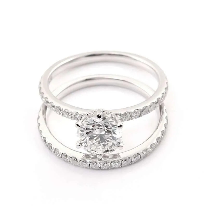 Round Moissanite Solitaire Ring Set With Pavé Band And Infinity Band ,Wedding Rings