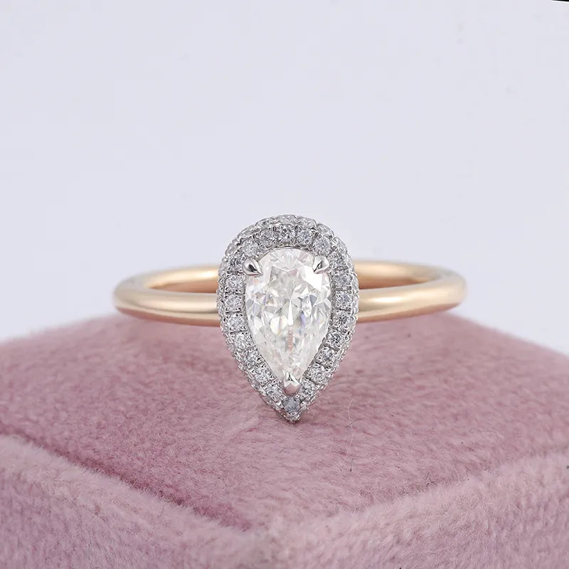 10K-18K , Pear Cut Moissanite With Halo Engagement Ring