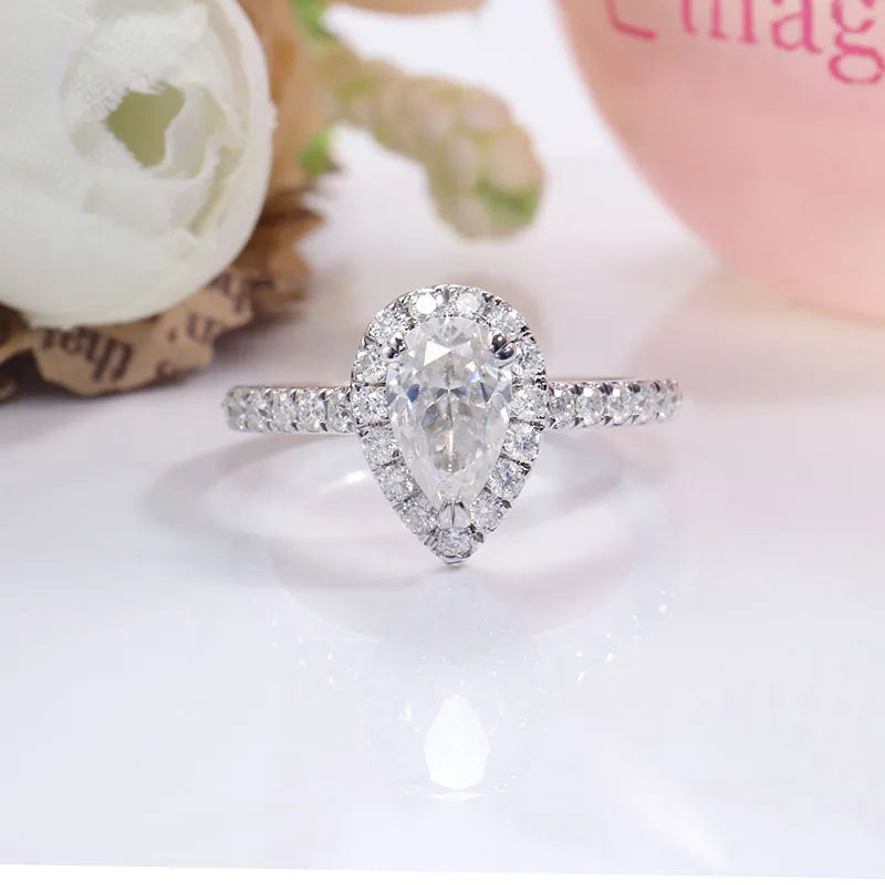 10K-18K ,Pear Moissanite Halo Petite Pave Ring,ENGAGEMENT RING