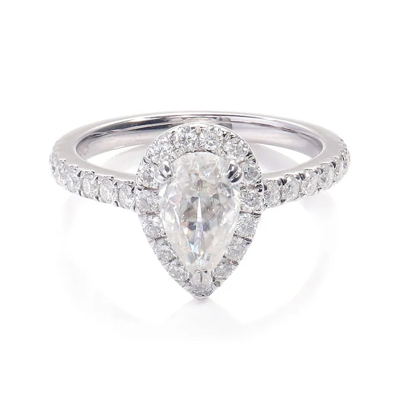 10K-18K ,Pear Moissanite Halo Petite Pave Ring,ENGAGEMENT RING