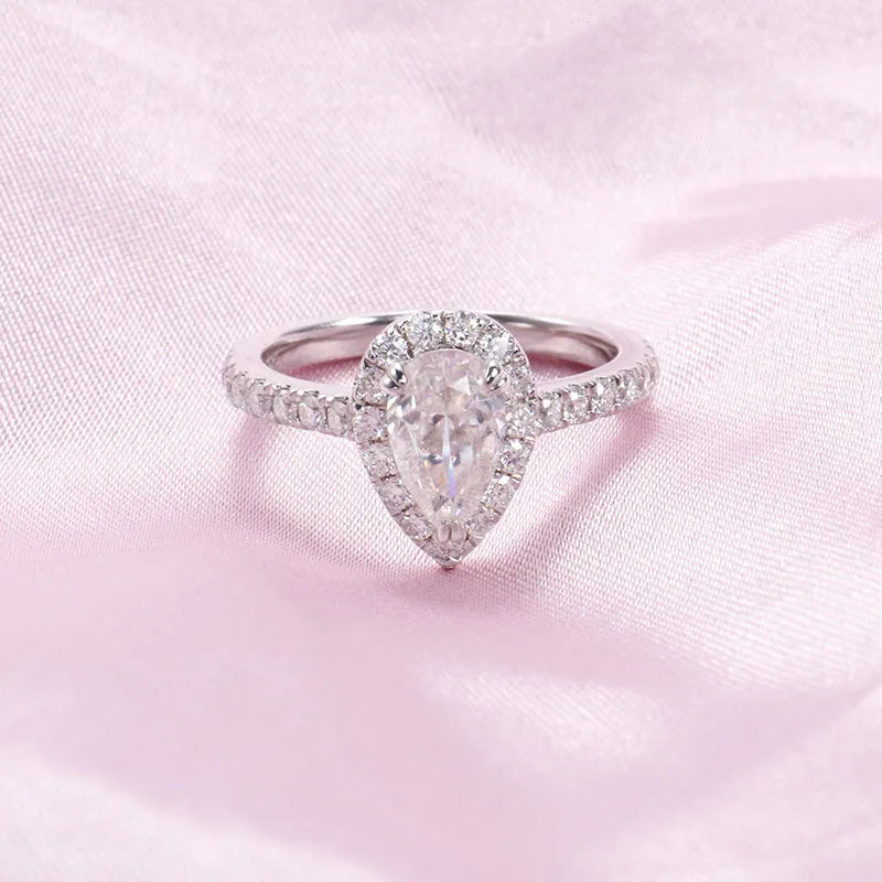 10K-18K ,Pear Moissanite Halo Petite Pave Ring,ENGAGEMENT RING