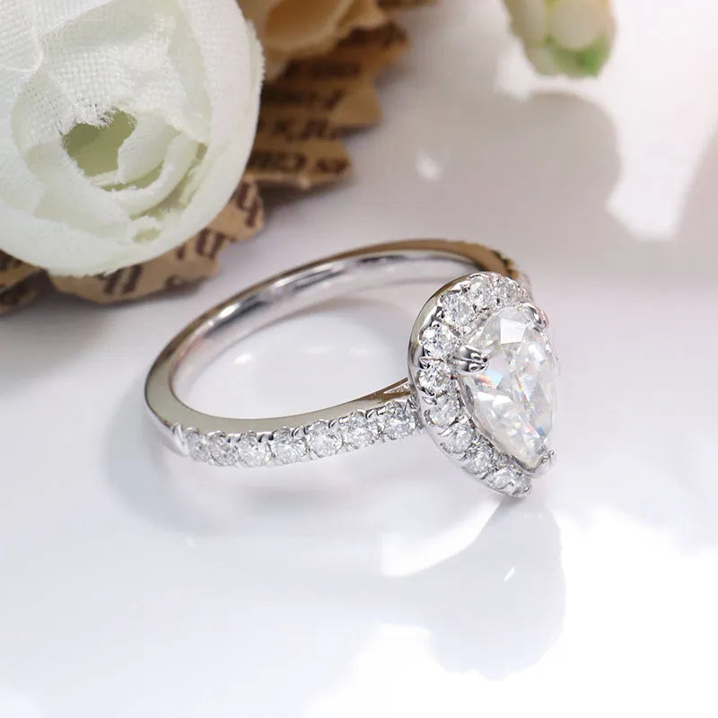 10K-18K ,Pear Moissanite Halo Petite Pave Ring,ENGAGEMENT RING