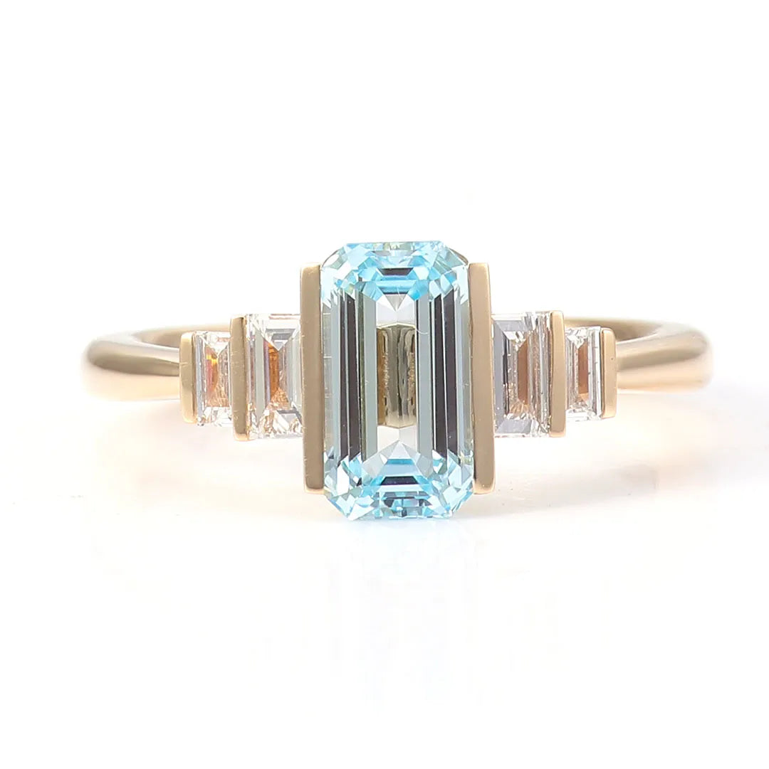 10K-18K , Emerald Cut Aquamarine And Moissanite Ring