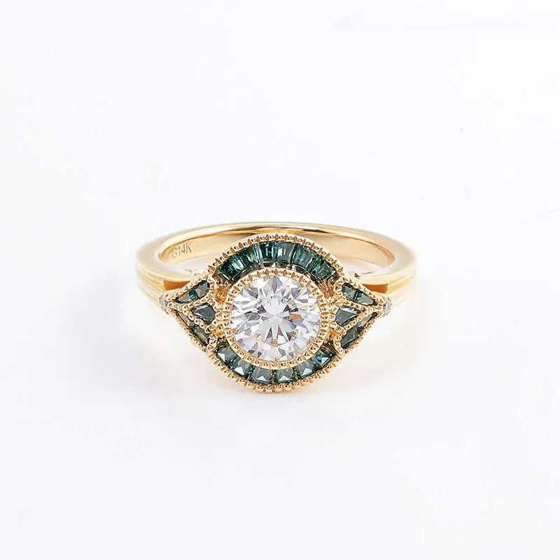 10K-18K , Exquisite Round Diamond Ring With Green Accents And Filigree Design engagement ring