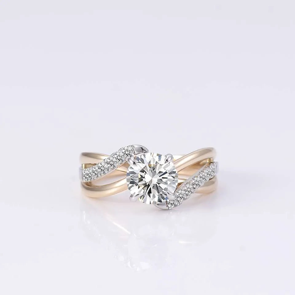 10K-18K , Moissanite Yellow Gold And White Gold Twisted Band Diamond Ring