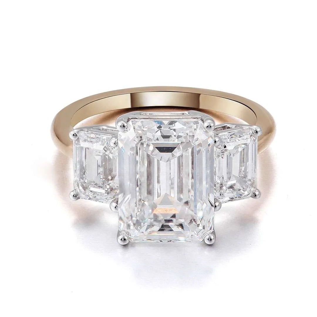 10K-18K , Moissanite Yellow And White Gold Three-Stone Emerald Cut Diamond Ring