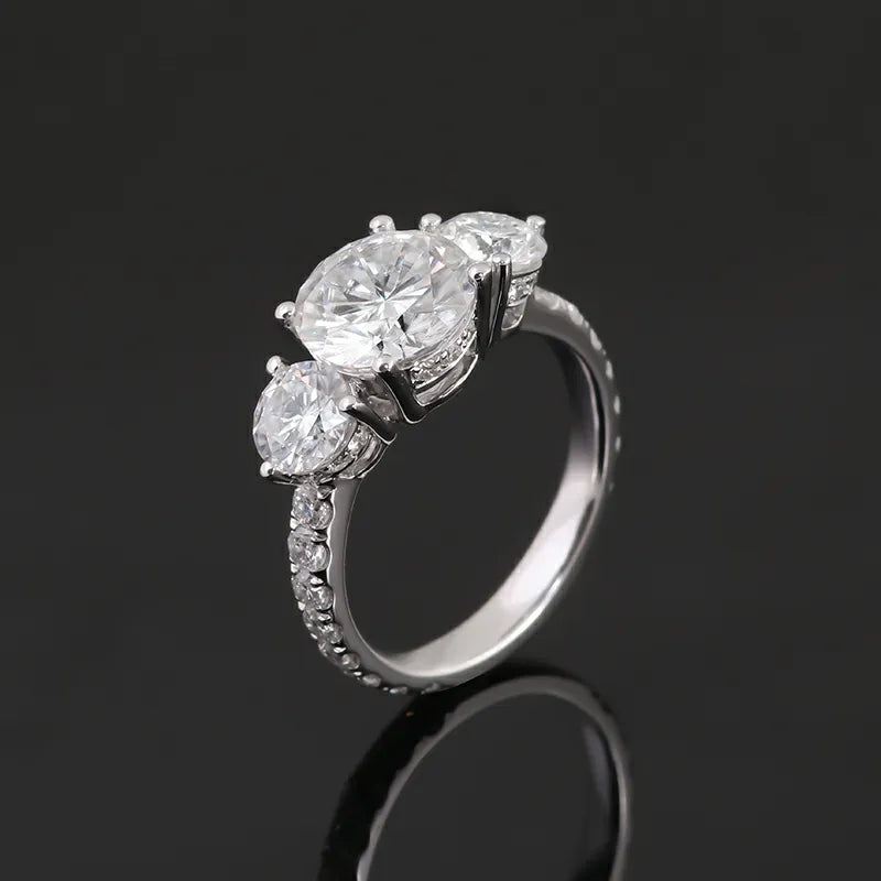 10K-18K , Round Brilliant Cut Moissanite Three-Stone Ring