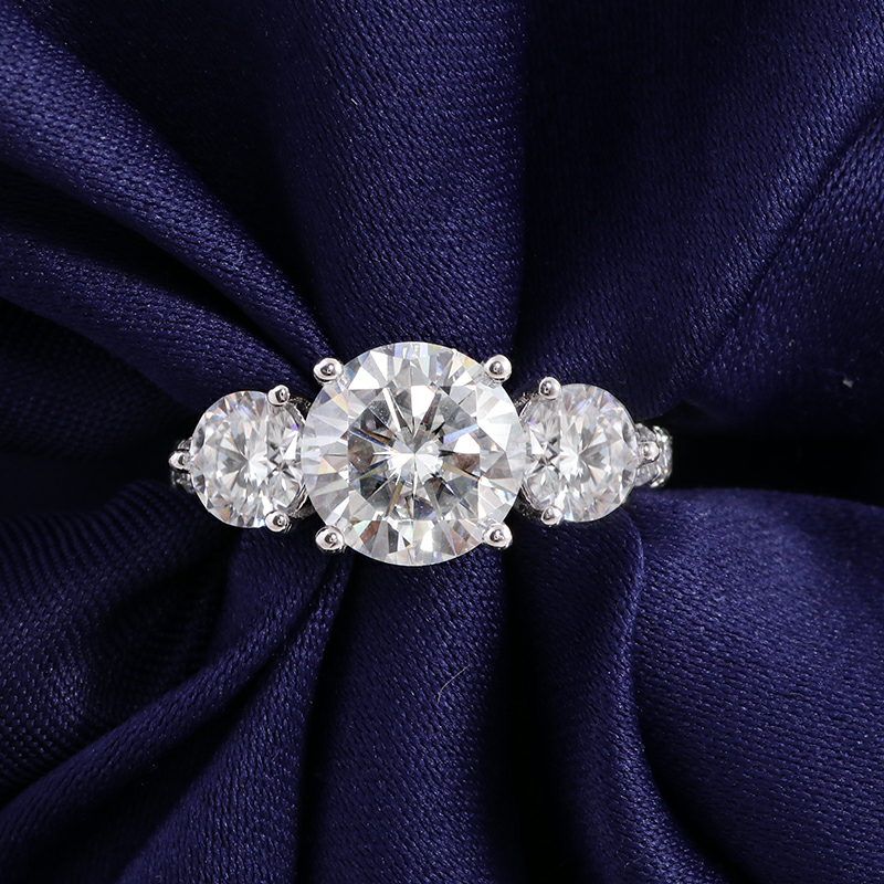 10K-18K , Round Brilliant Cut Moissanite Three-Stone Ring