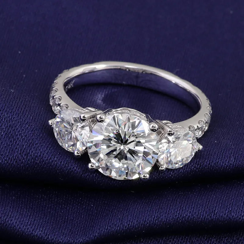 10K-18K , Round Brilliant Cut Moissanite Three-Stone Ring