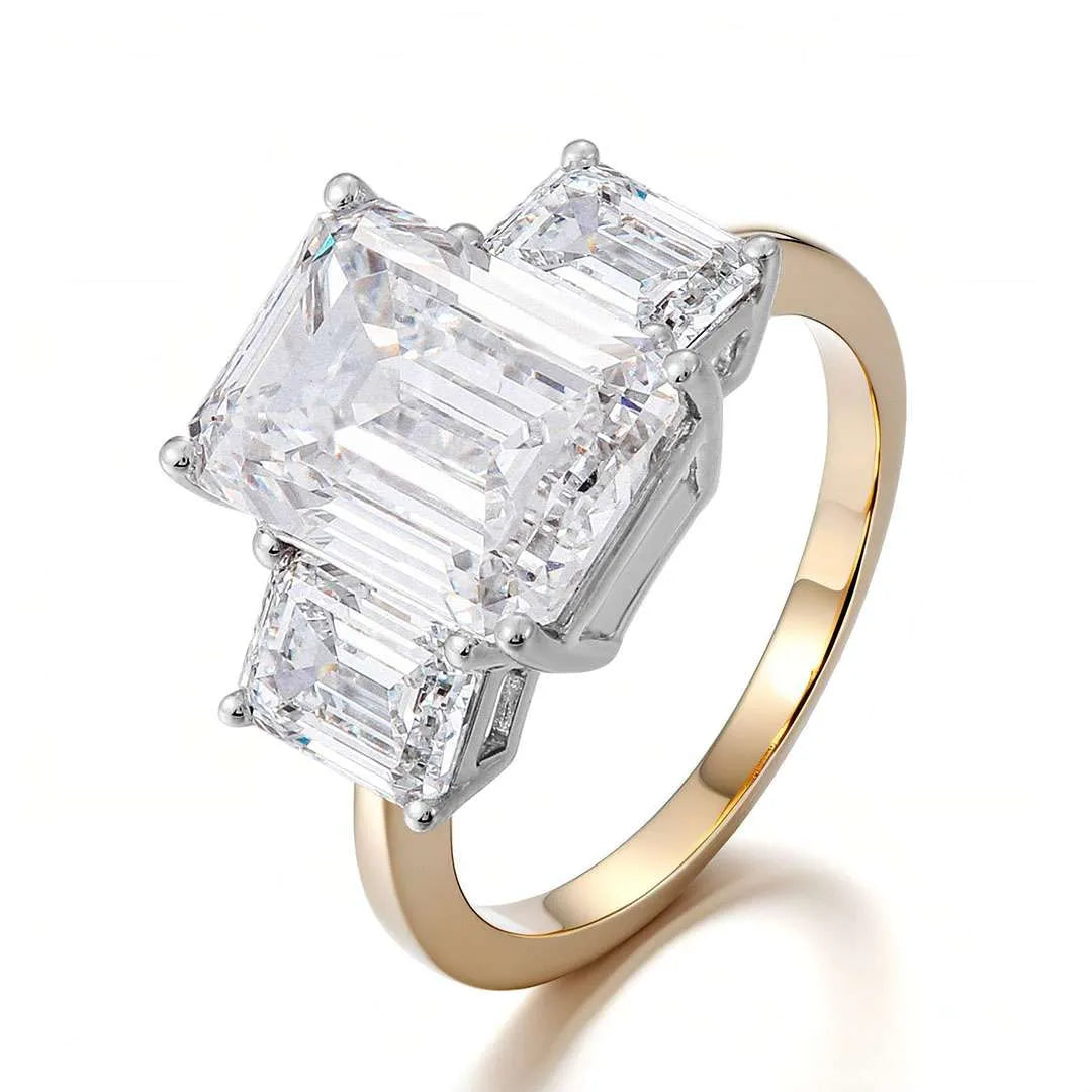 10K-18K , Moissanite Yellow And White Gold Three-Stone Emerald Cut Diamond Ring