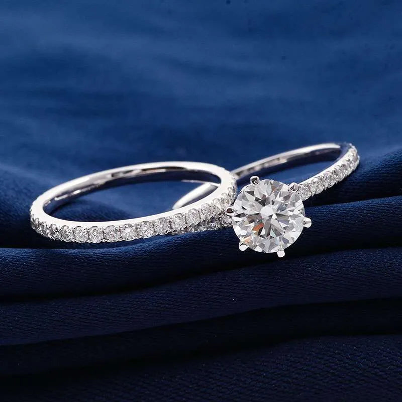 Round Moissanite Solitaire Ring Set With Pavé Band And Infinity Band ,Wedding Rings