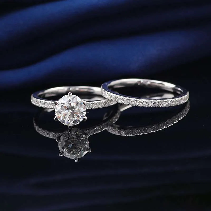 Round Moissanite Solitaire Ring Set With Pavé Band And Infinity Band ,Wedding Rings