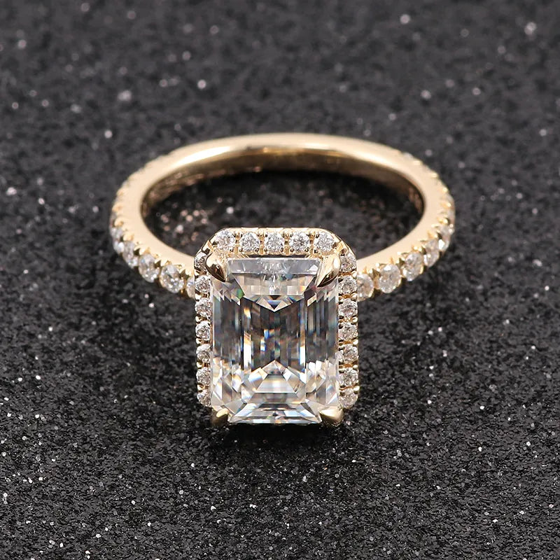 10K-18K , Colorless Emerald Moissanite Halo Engagement Ring