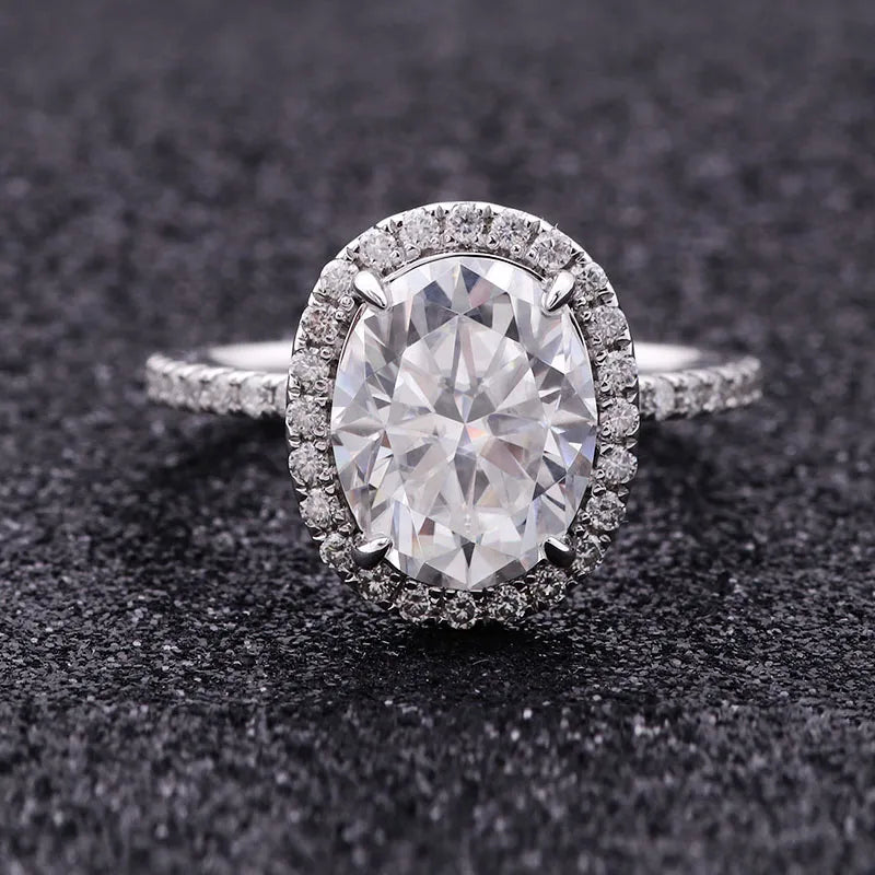 10K-18K , Oval Moissanite Halo With Side Accents Engagement Ring