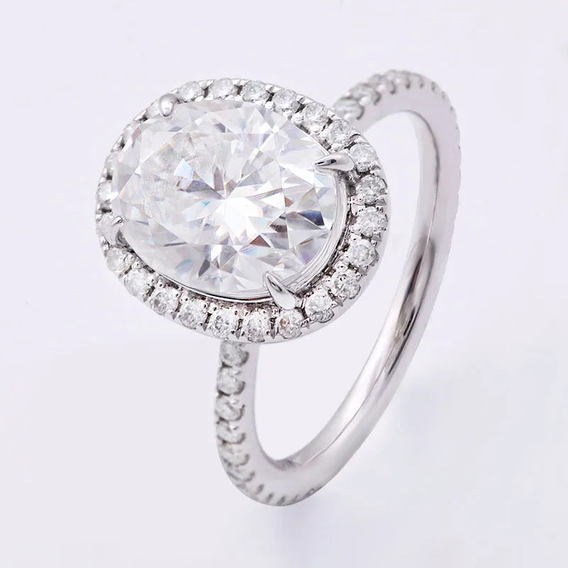 10K-18K , Oval Moissanite Halo With Side Accents Engagement Ring