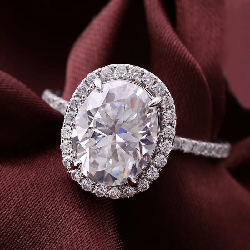 10K-18K , Oval Moissanite Halo With Side Accents Engagement Ring