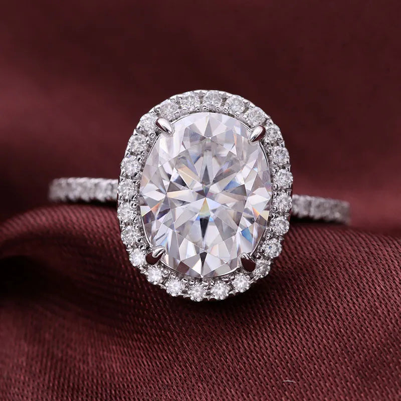 10K-18K , Oval Moissanite Halo With Side Accents Engagement Ring