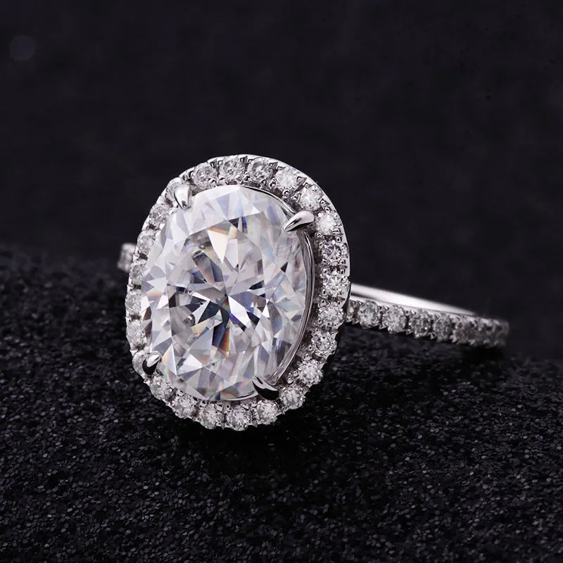 10K-18K , Oval Moissanite Halo With Side Accents Engagement Ring