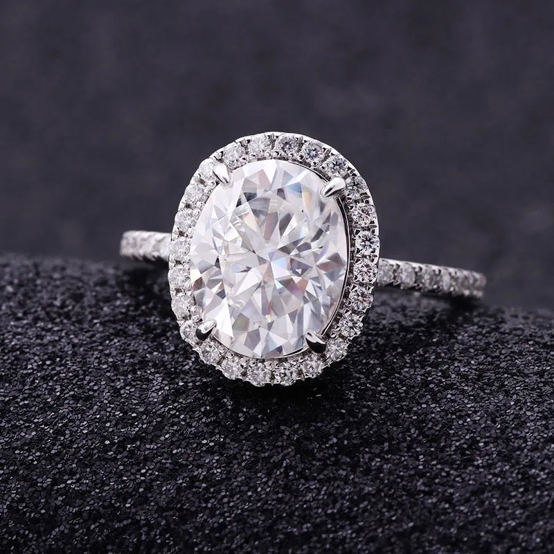 10K-18K , Oval Moissanite Halo With Side Accents Engagement Ring