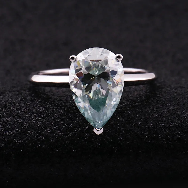 10K-18K , Light Blue Pear Moissanite Solitaire Charming Ring