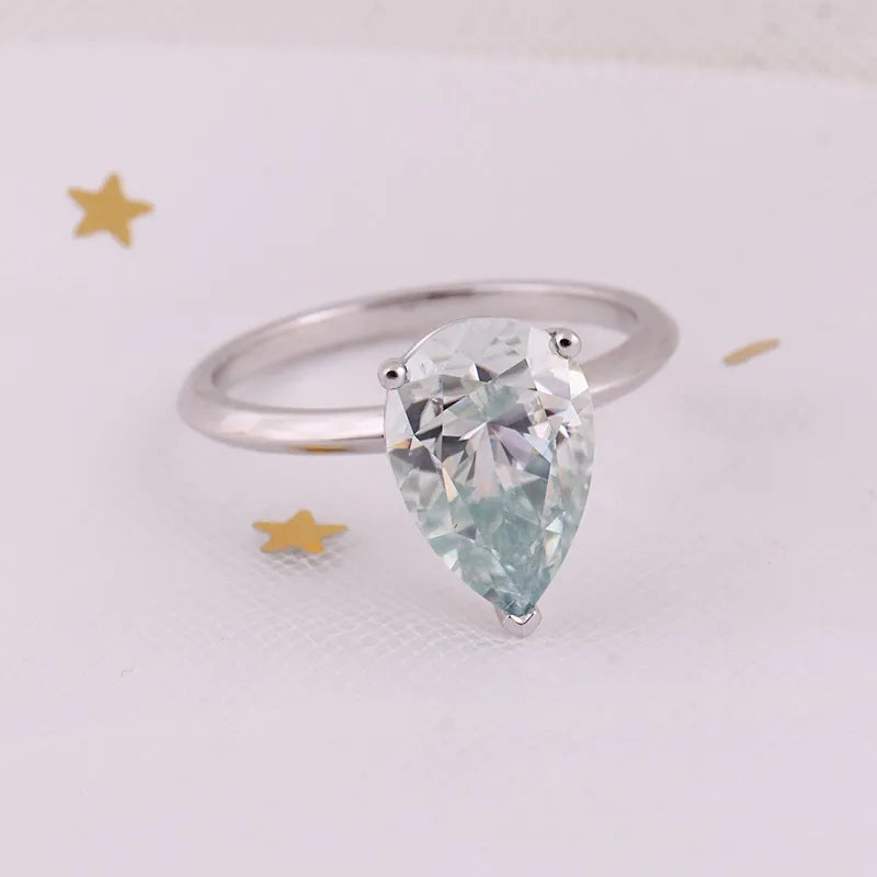 10K-18K , Light Blue Pear Moissanite Solitaire Charming Ring