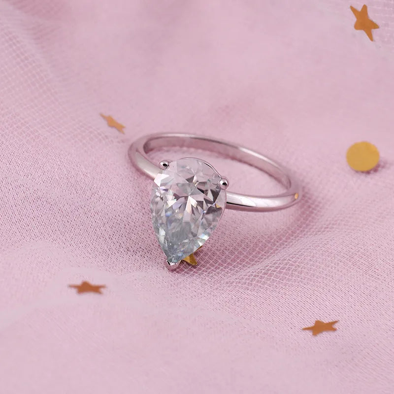 10K-18K , Light Blue Pear Moissanite Solitaire Charming Ring