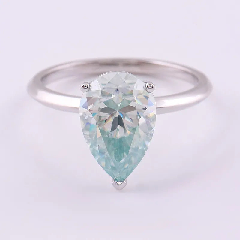 10K-18K , Light Blue Pear Moissanite Solitaire Charming Ring