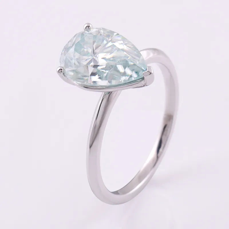 10K-18K , Light Blue Pear Moissanite Solitaire Charming Ring