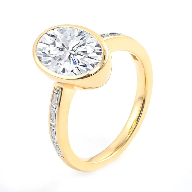 10K-18K , Oval Bezel Setting With Side Stones Moissanite Engagement Ring