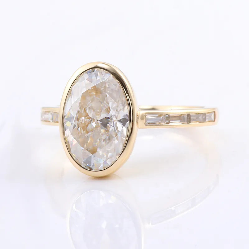 10K-18K , Oval Bezel Setting With Side Stones Moissanite Engagement Ring