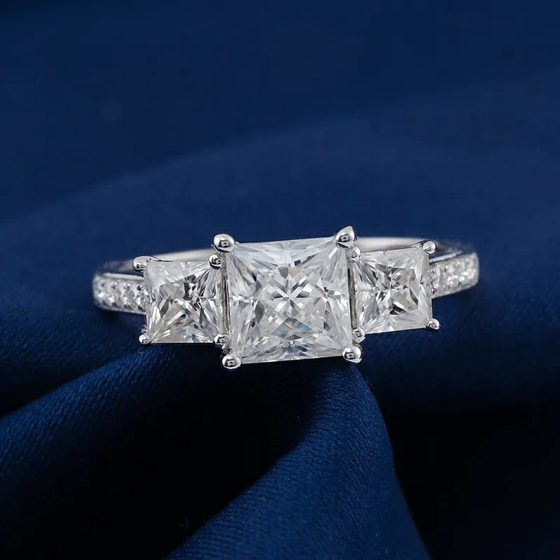 10K-18K , Three Stone Princess Moissanite Engagement Ring