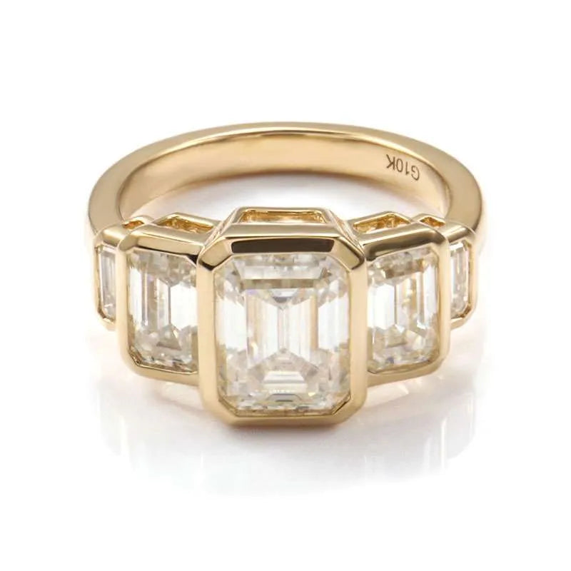 10K-18K , 5 Stone Emerald Cut Bezel Set Engagement Ring