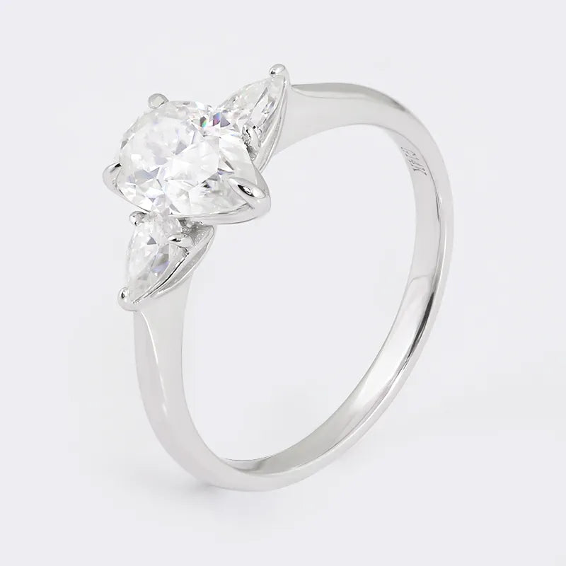 10K-18K , Elegant Pear Three-Stone Moissanite Engagement Ring